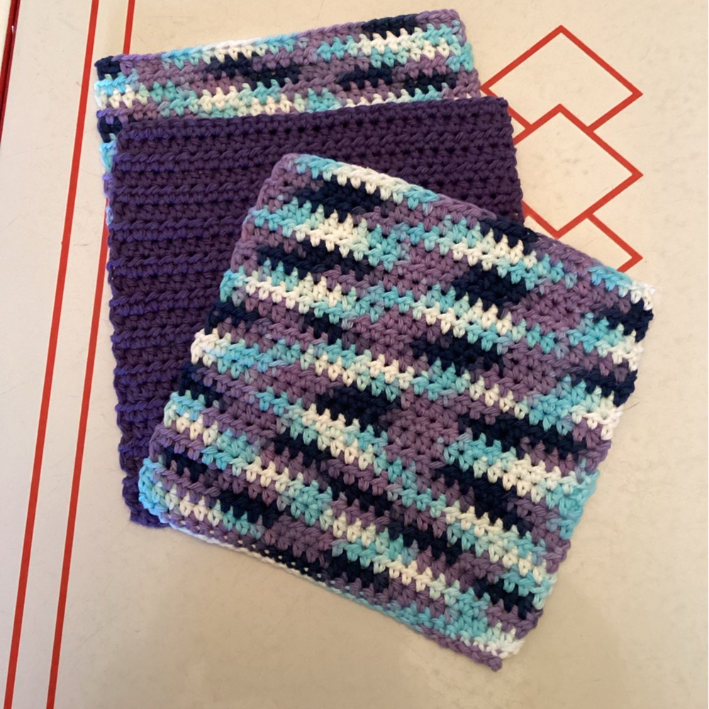 Handmade Purple & Aqua Crochet Dishcloths - Set of 3